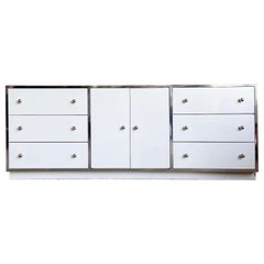 Vintage Postmodern White Lacquer Laminate and Chrome Dresser - 9 Drawers