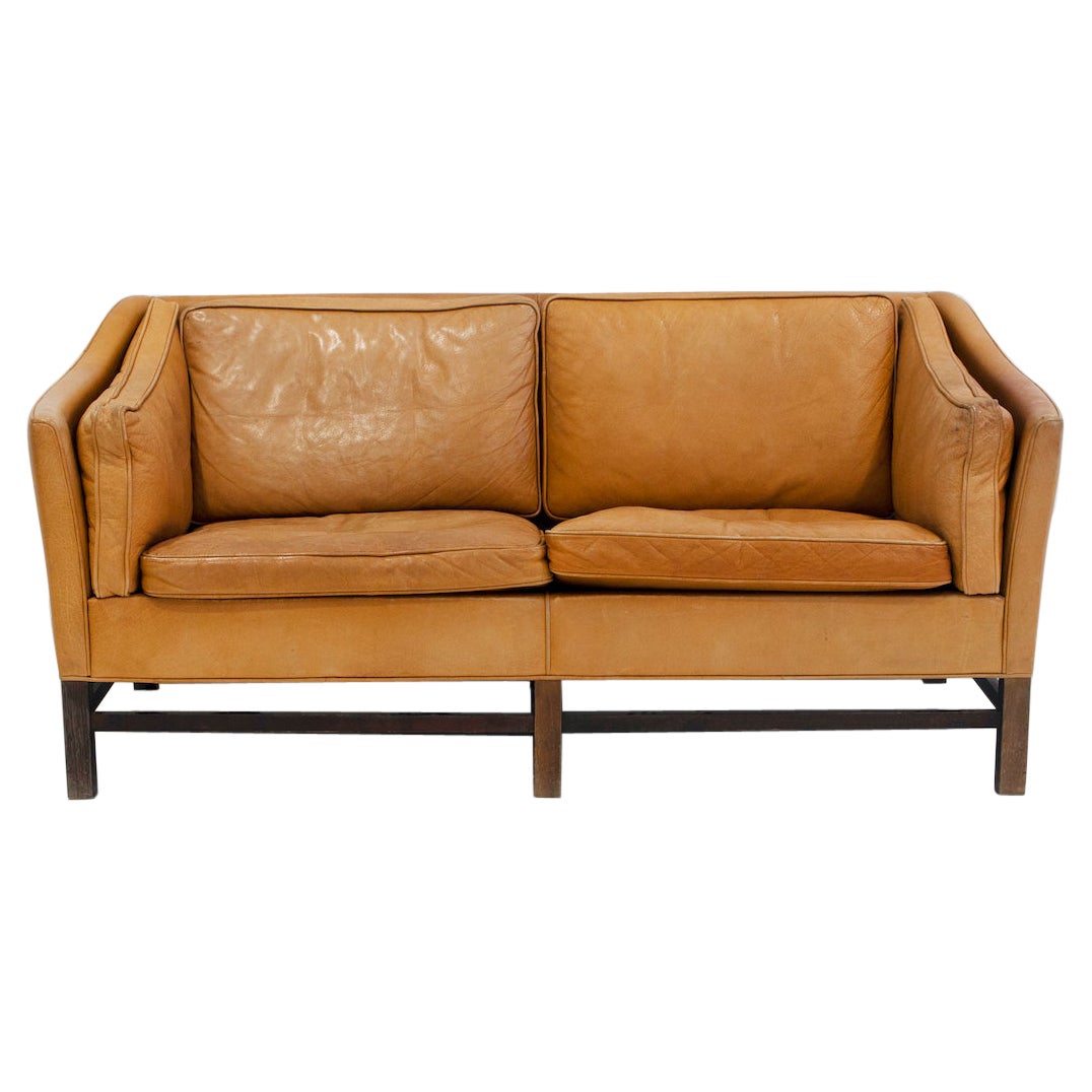 Scandinavian Modern Brown Leather Two Seat Sofa