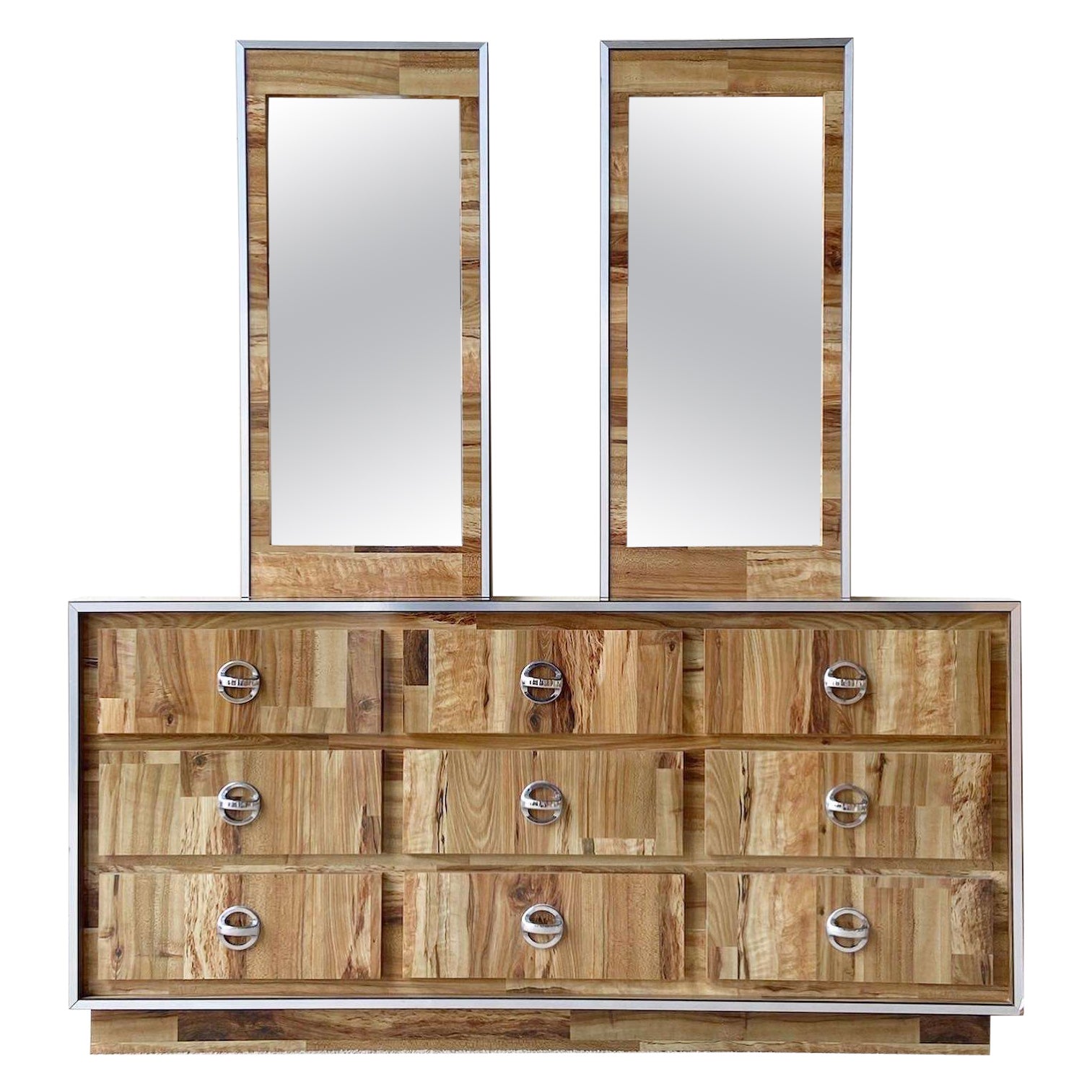 Postmoderne Holzmaserung Laminat Kommode mit Spiegeln - 3 Pieces im Angebot