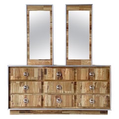 Retro Postmodern Woodgrain Laminate Dresser With Mirrors - 3 Pieces