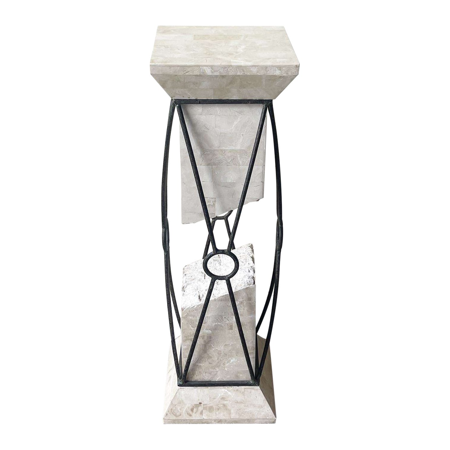 Postmodern Tessellated Stone and Metal Pedestal Table