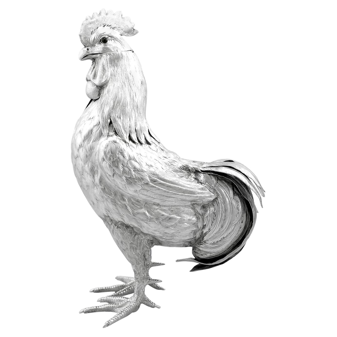 Azucarero victoriano de plata de ley con forma de gallo (1882)