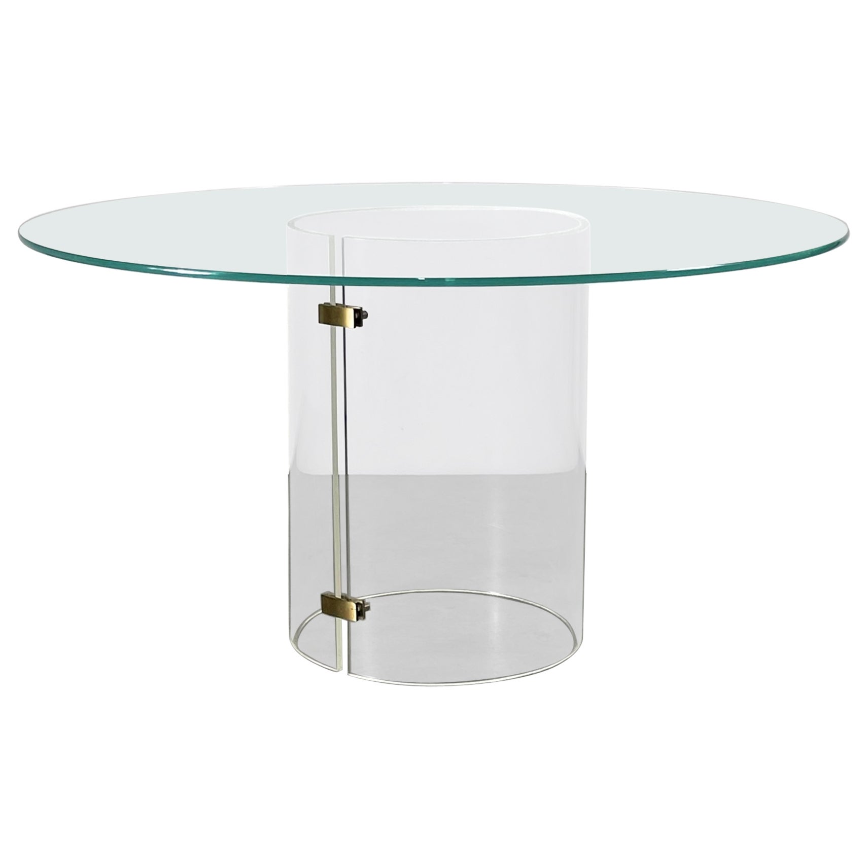 Vintage Round Pedestal Dining Table in Lucite Brass and Glass circa 1970s For Sale