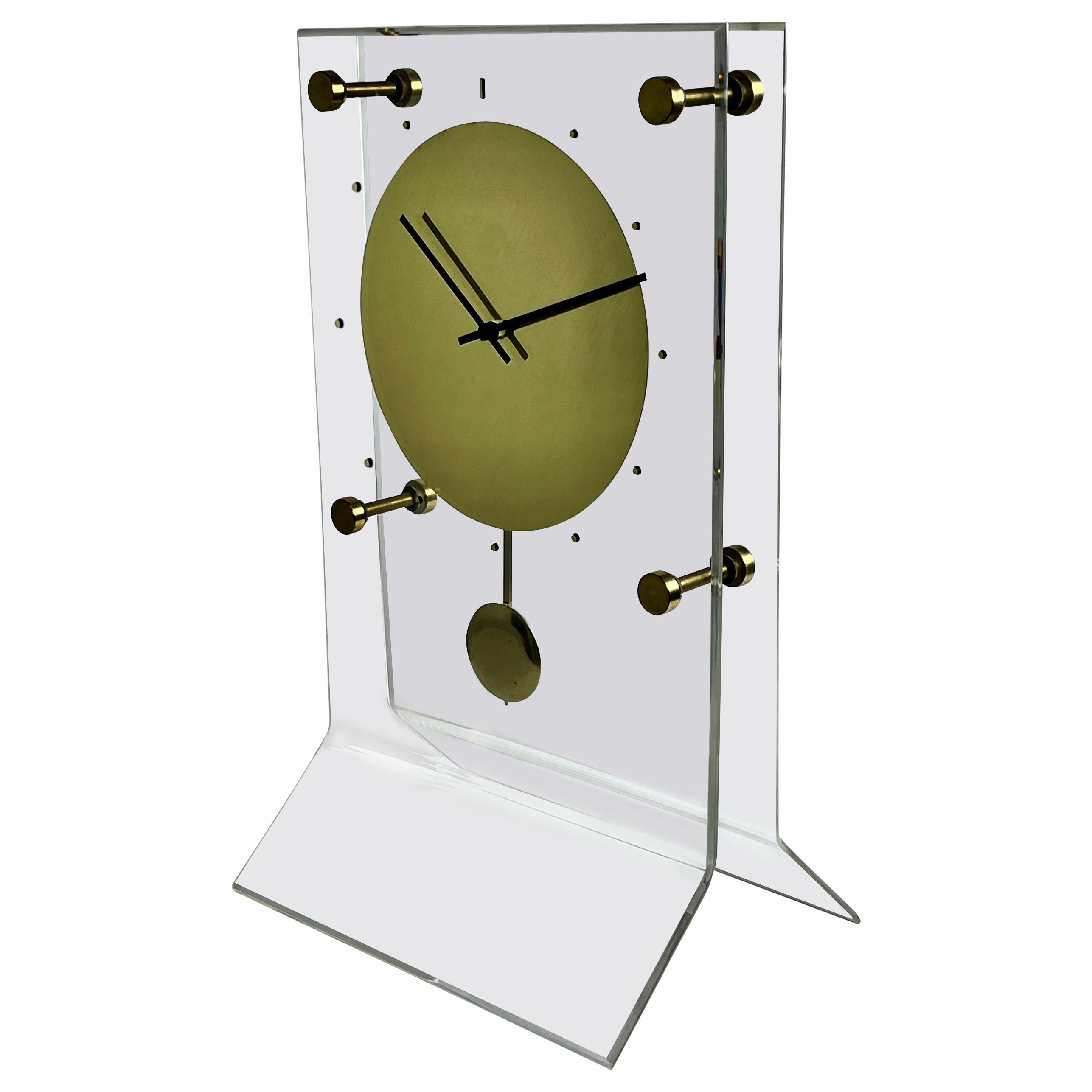 Vintage Large Mid Century Modern Pendulum Mantel Clock in Lucite and Brass 1970s For Sale