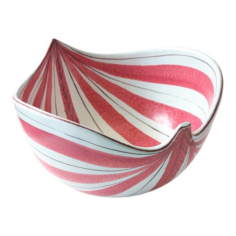 Ceramic Bowl by Stig Lindberg, Sweden, Red & White Striped, Signed, C 1950 For Sale