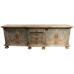 Sideboard Carved in Wood with Drawers and Doors in Blue Polychromed Sides