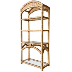 Boho Chic Rattan Woven Etagere With Glass Shelves