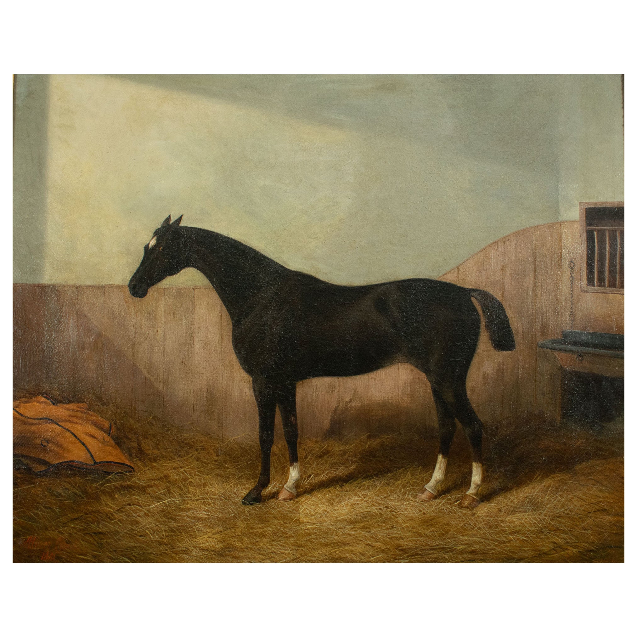 Albert James CLARK (1843-1928 British). Black horse in its stable. Original framed oil on canvas.

Signed and dated lower left Albert Clark 1881. 

Canvas size : 51 x 61 cm. Frame size : 76 x 65 cm

Albert Clark was a highly productive painter