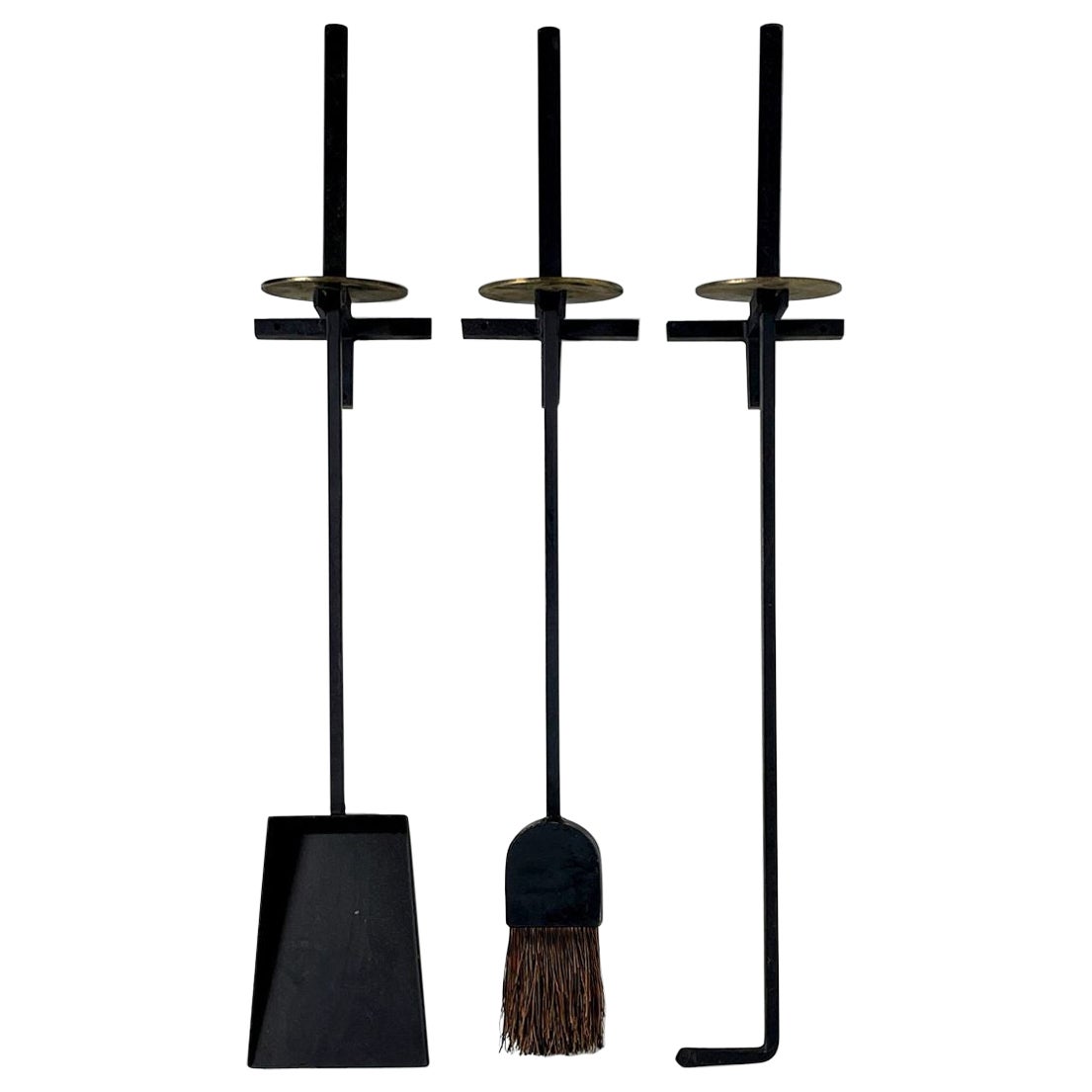 Mid Century Modern Iron Brass Wall Mounted Fireplace Tool Set by Mel Bogart 1951 For Sale