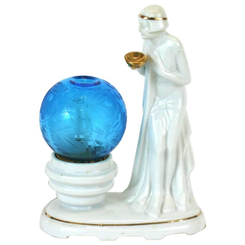 Art-déco-Parfümlampe aus Porzellan, Original geätzter Globus