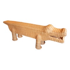 Crocodile Bench Made of Wicker with Iron Structure in Brown Tone