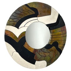 Vintage Mid Century Studio Pottery Raku Abstract Decorative Round Mirror c 1970s