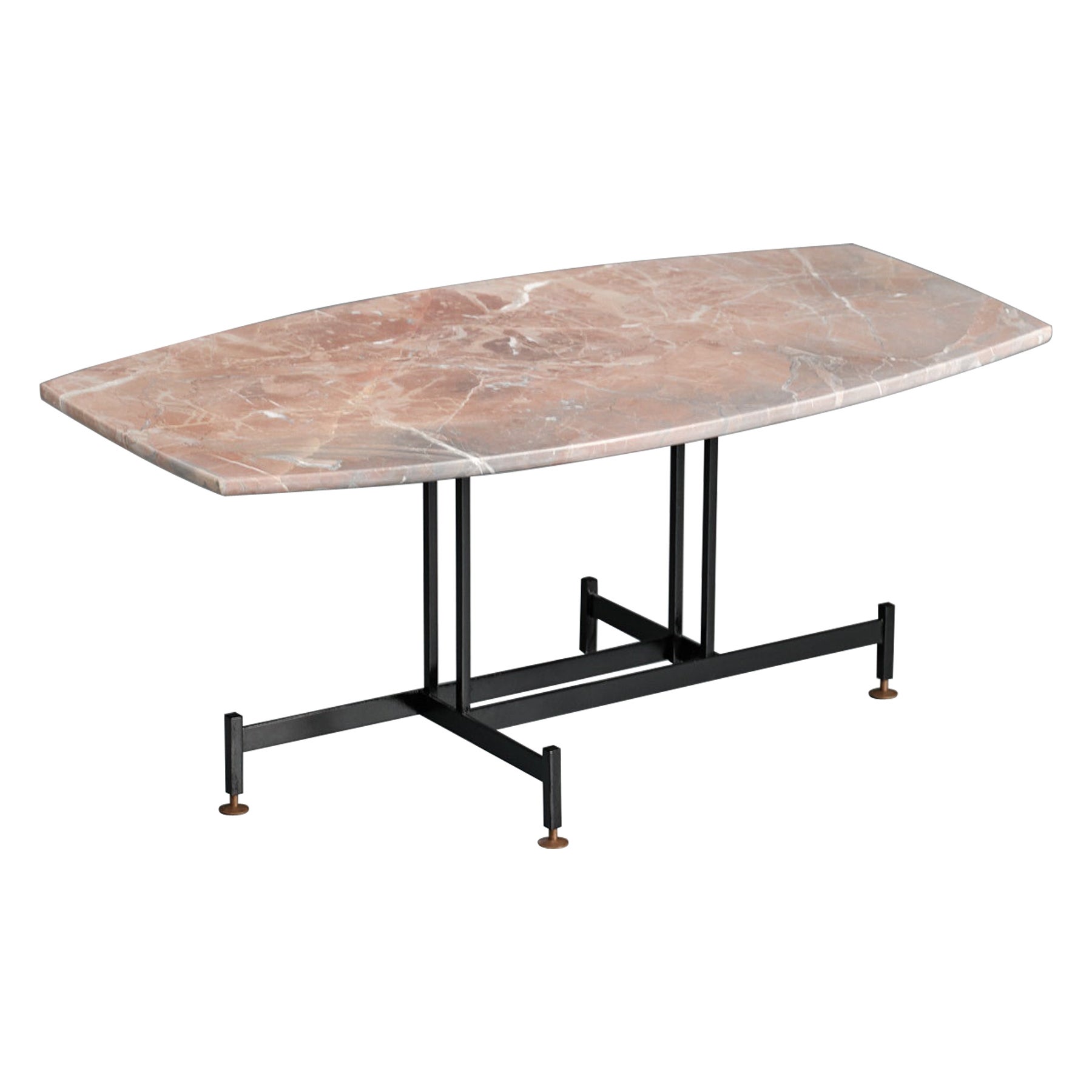 Midcentury Vintage Coffee Table with Reddish-Gray Marble Top and Geometric Iron  For Sale