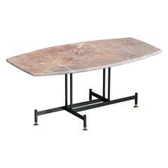 Midcentury Vintage Coffee Table with Reddish-Gray Marble Top and Geometric Iron 