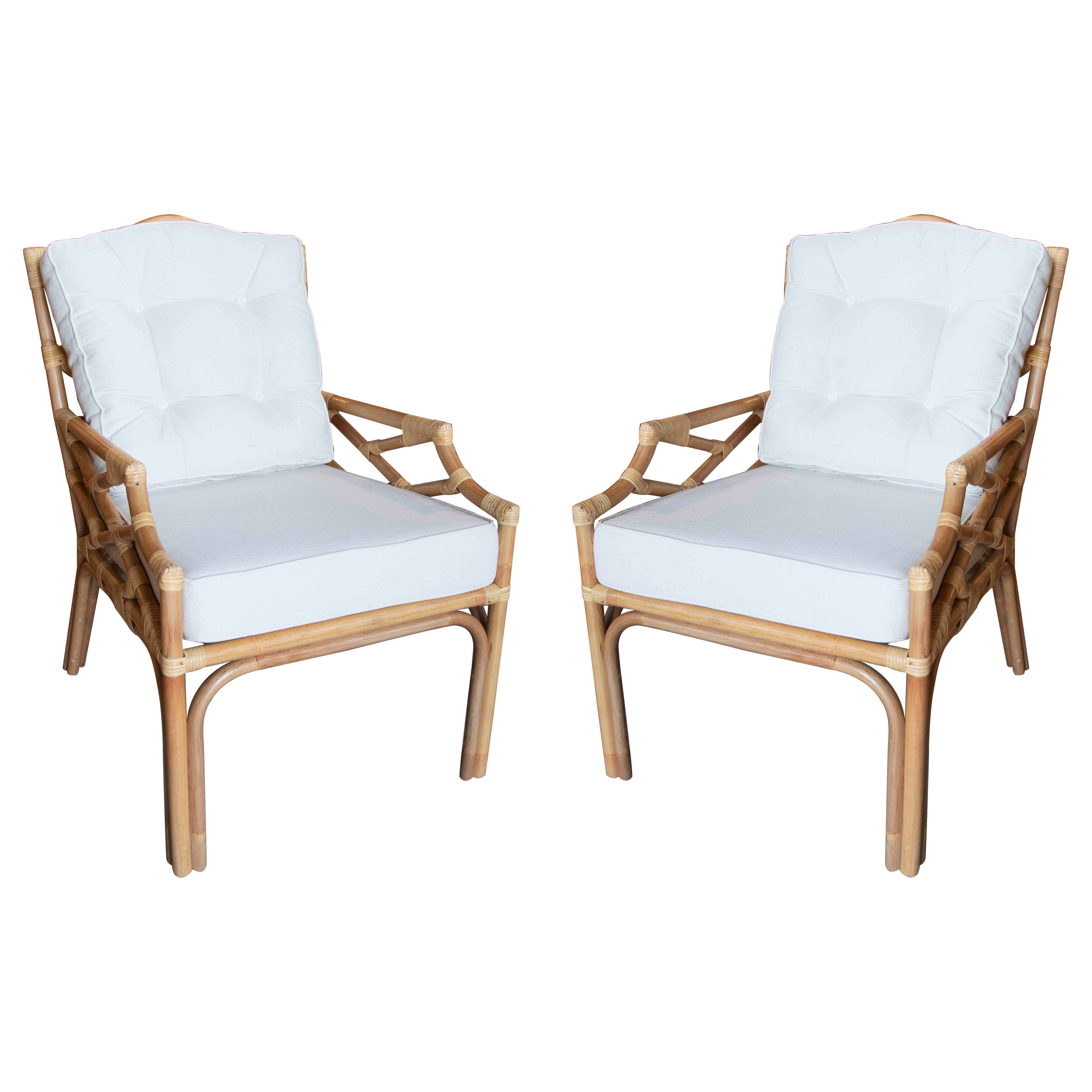 Pair of Handmade Bamboo Armchairs with Beige Cushions