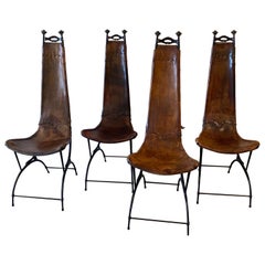  4 Chairs by Sido & François Thévenin Leather and wrought Iron France 1970's 