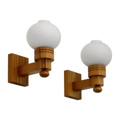 Set of Aneta Wall Lamps in Pine & White Glass, Sweden, 1970s