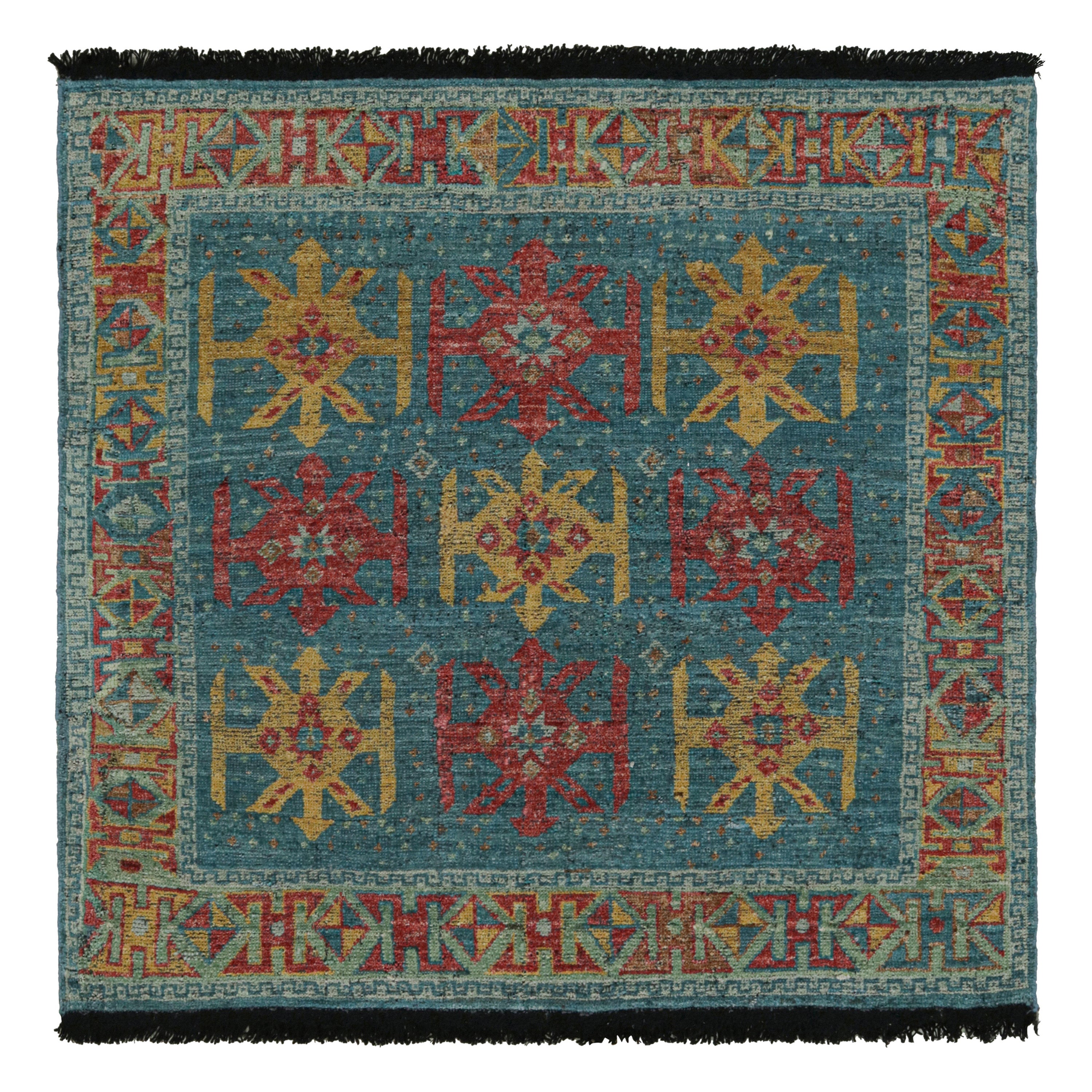 Rug & Kilim’s Tribal Style Custom Rug in Blue, Red & Gold Geometric Patterns