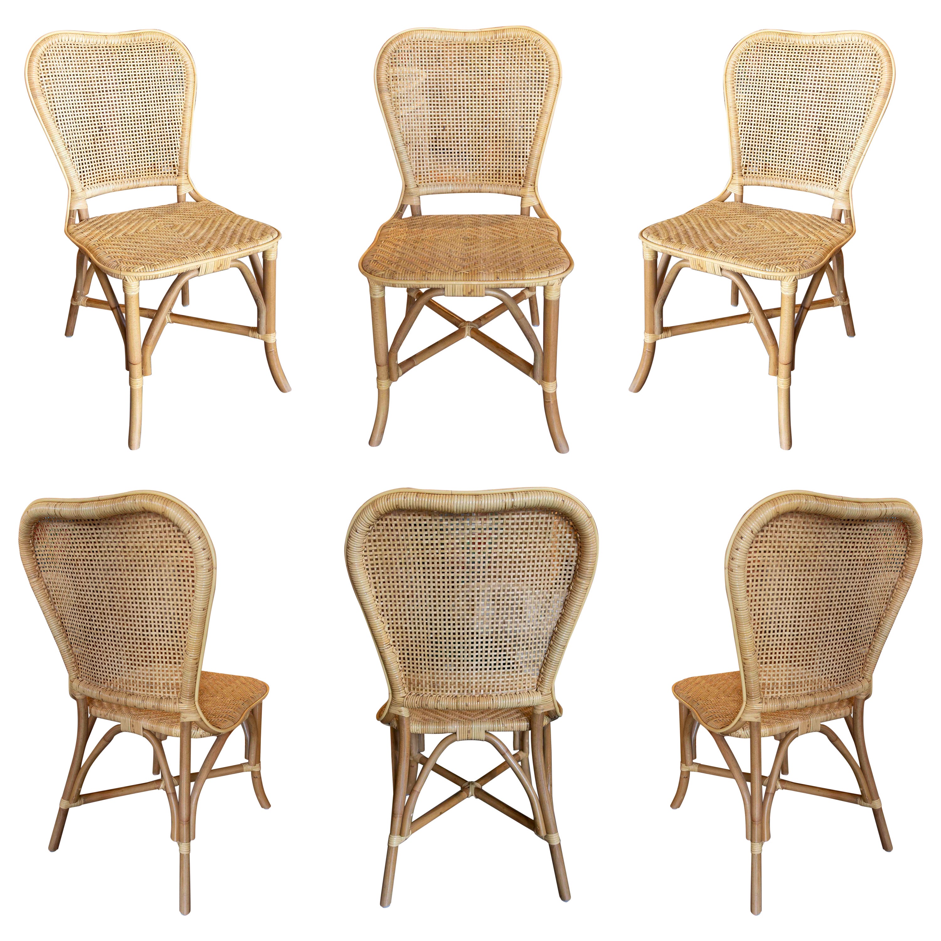 Set of Six Wicker and Rattan Dining Chairs