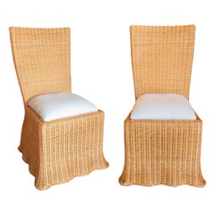 Pair of Wicker Chairs with Wavy Shapes and White Cushions