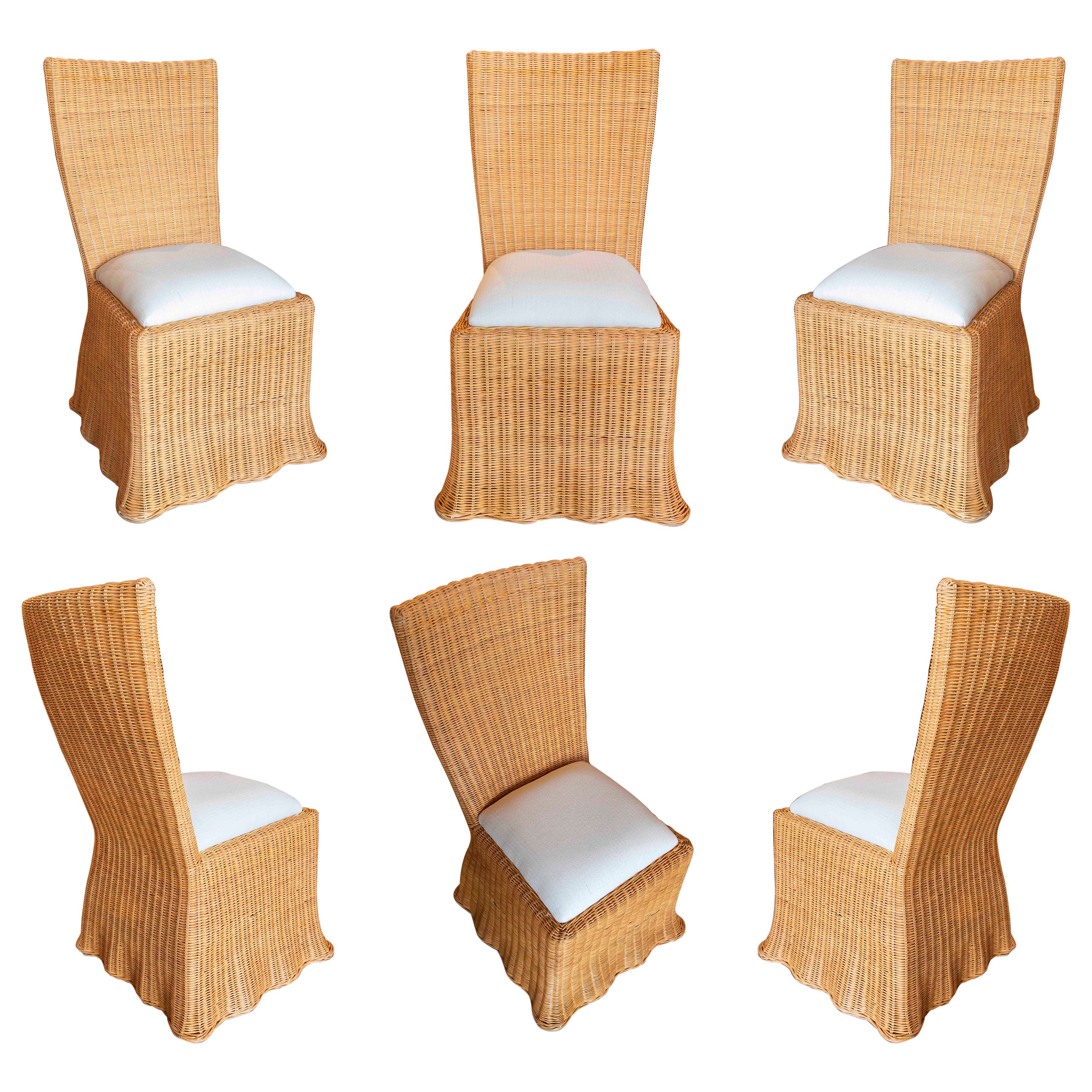 Set of Six Wicker Chairs with Wavy Shapes and Beige Cushions For Sale