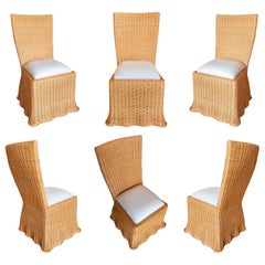 Set of Six Wicker Chairs with Wavy Shapes and Beige Cushions