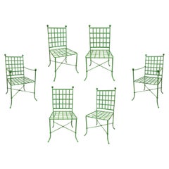 Set of Four Chairs and Two Armchairs with Iron Armrests in Green