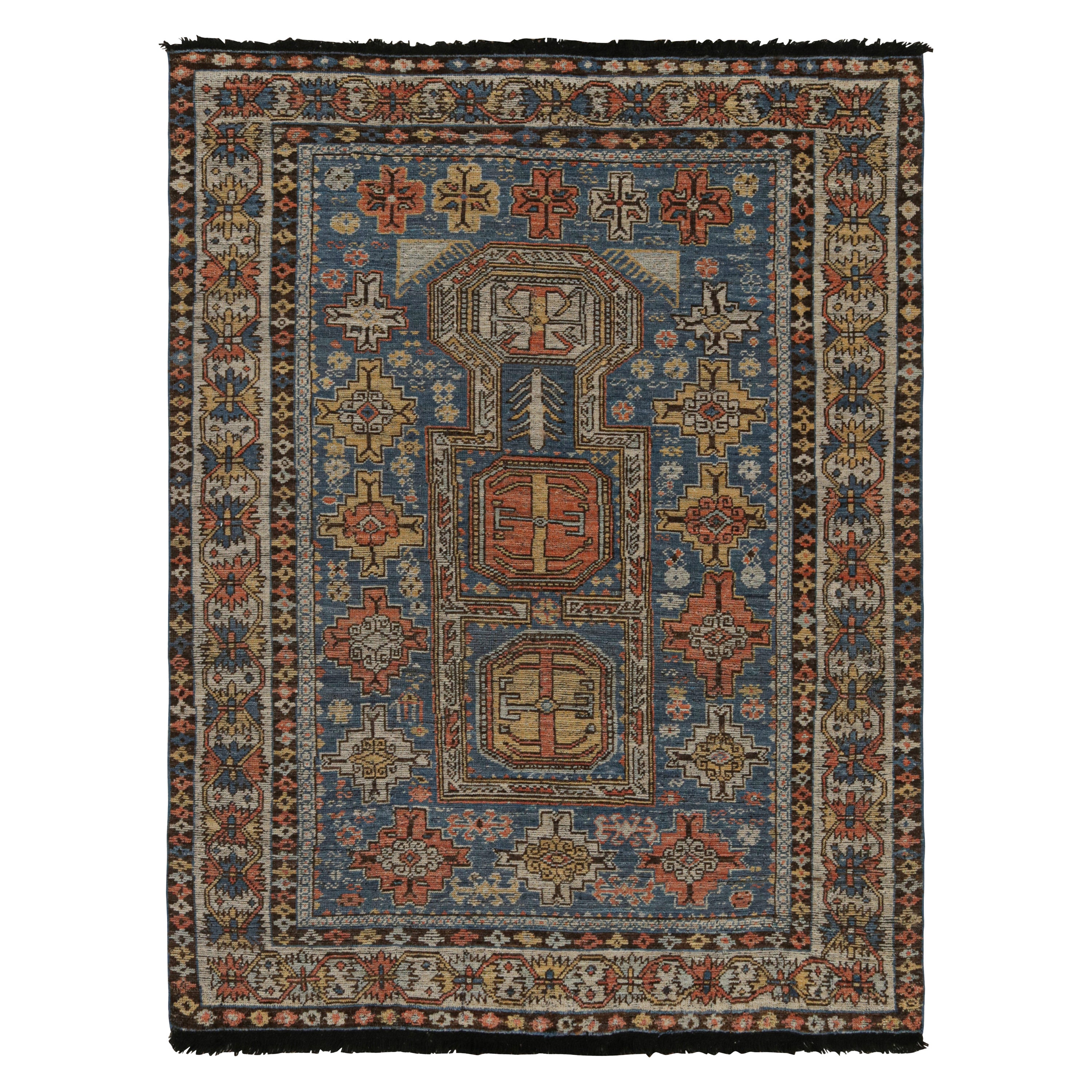 Rug & Kilim’s Tribal Style Rug in Blue, with Red and Gold Geometric Patterns For Sale