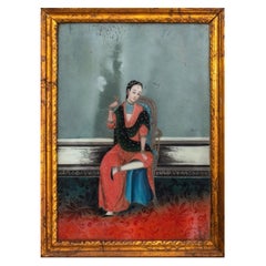 Indian Seated Noblewoman Reverse Painting on Glass