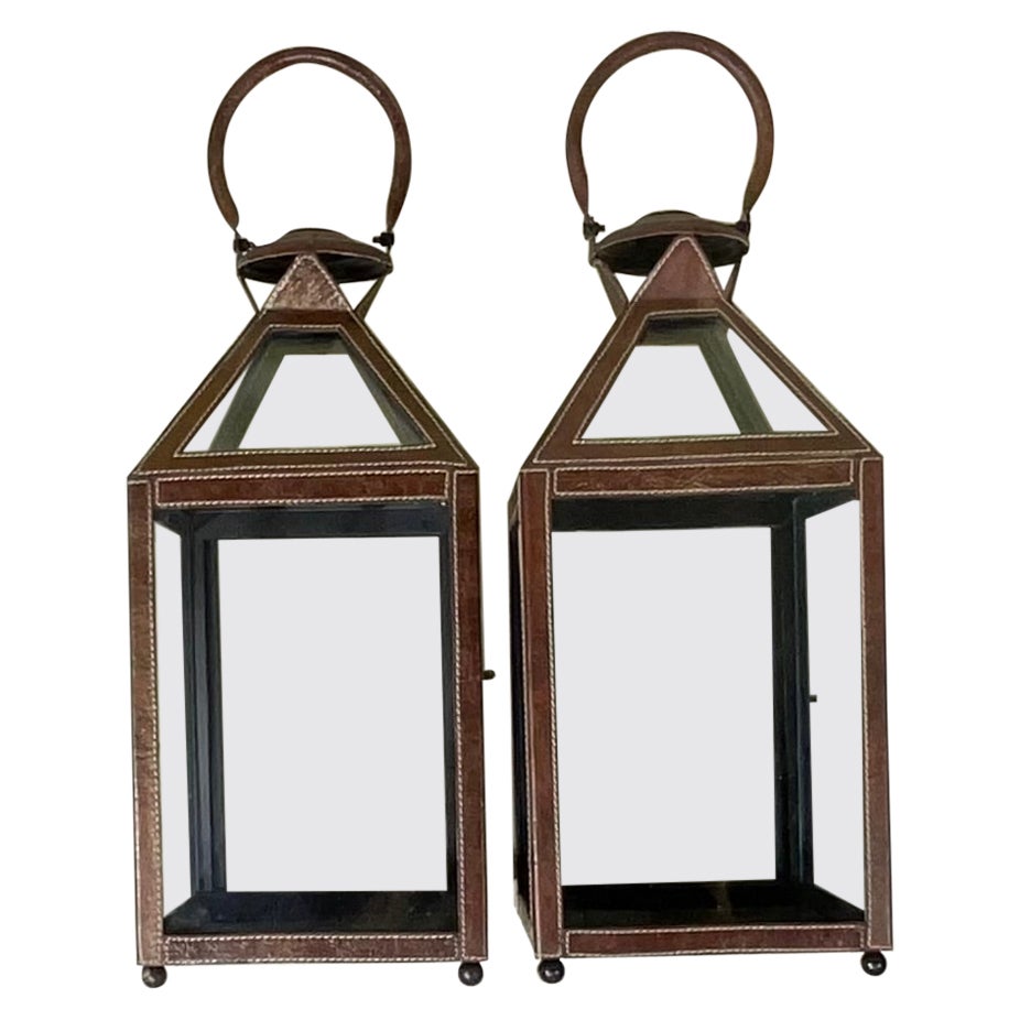 Pair Of Leather Faux Trim Candle Lantern  For Sale