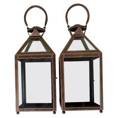 Used Pair Of Leather Faux Trim Candle Lantern 