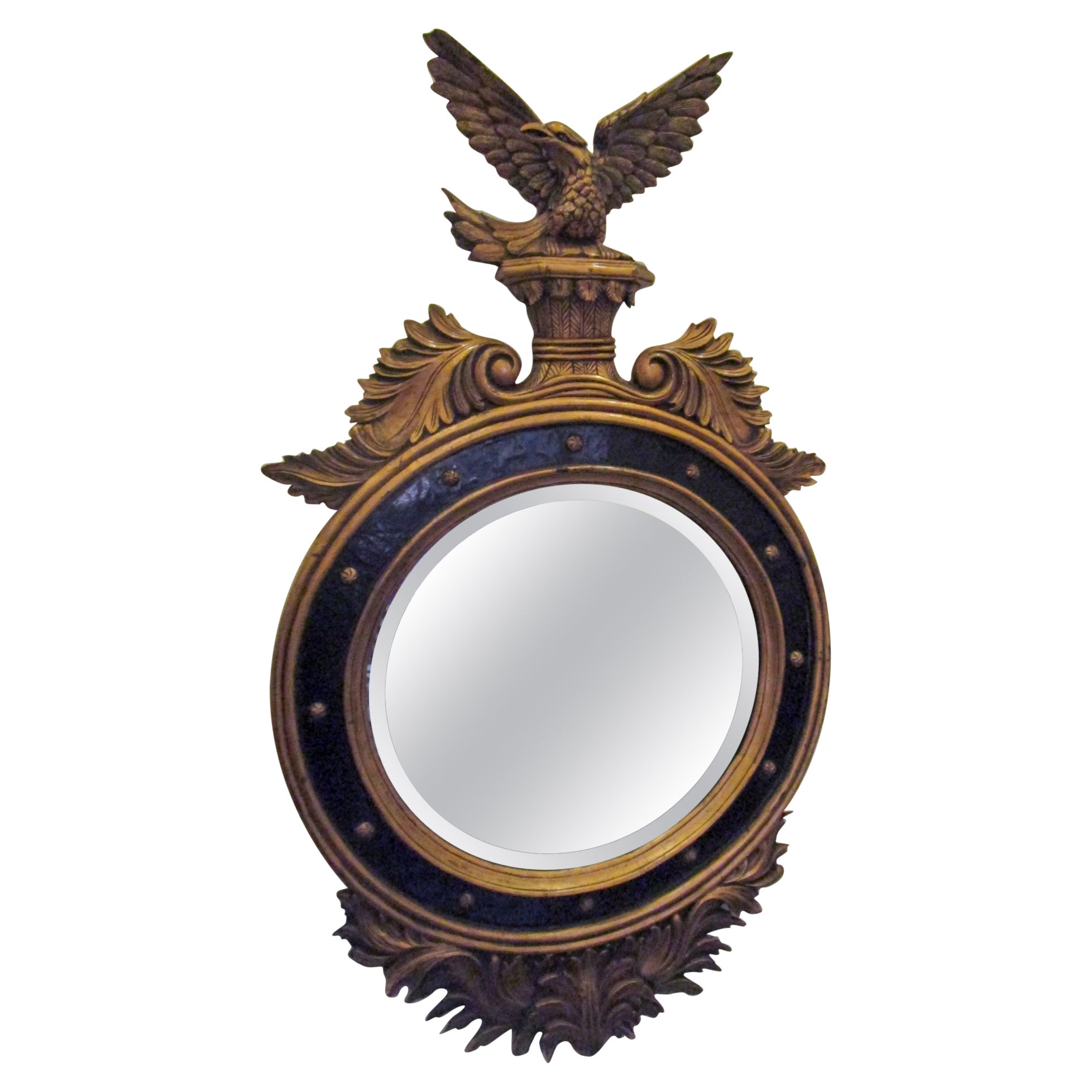 American Federal Style Large Size Round Beveled Wall Mirror with Eagle For Sale