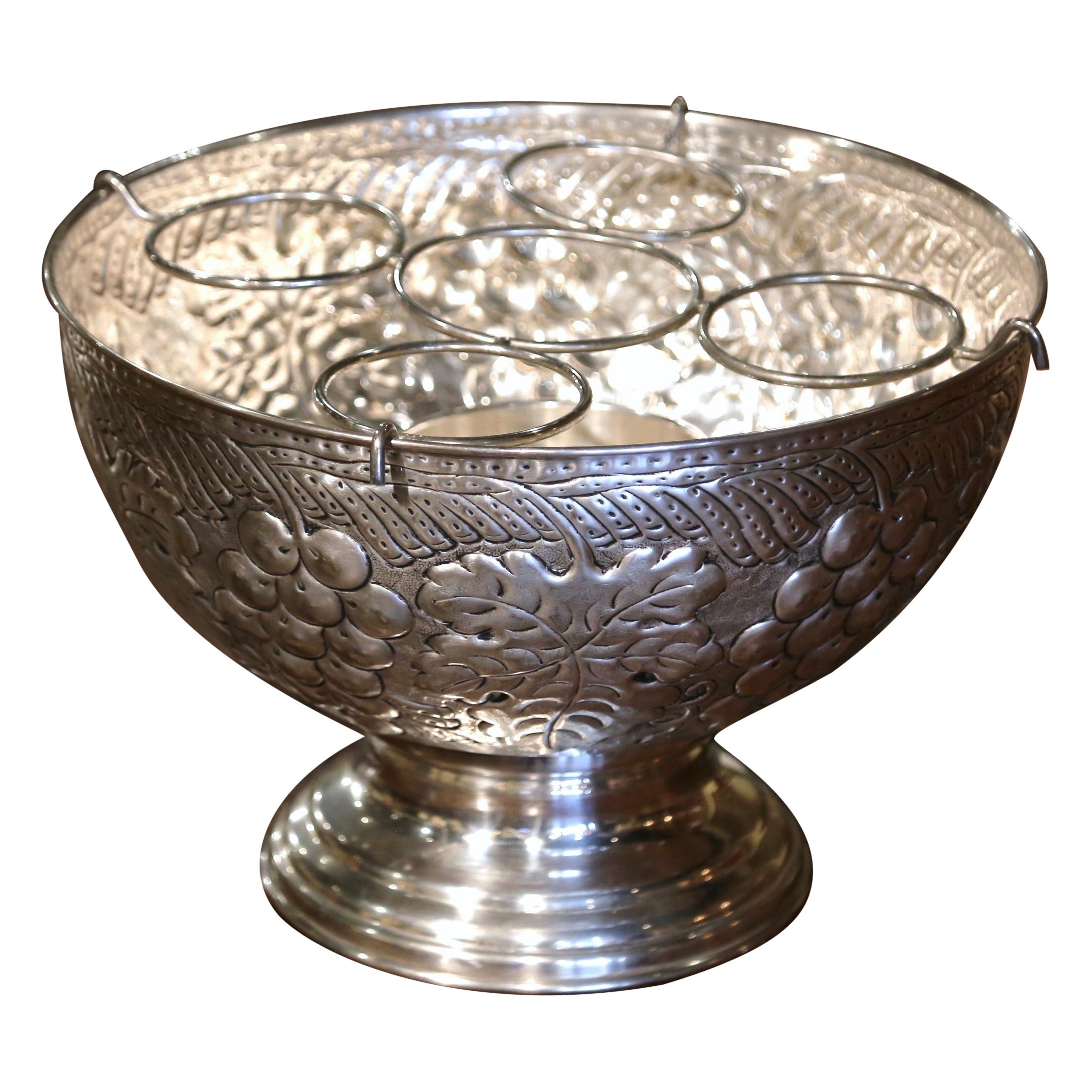 Mid-Century French Brass Silver Plated Wine Cooler with Repousse Vine Motifs