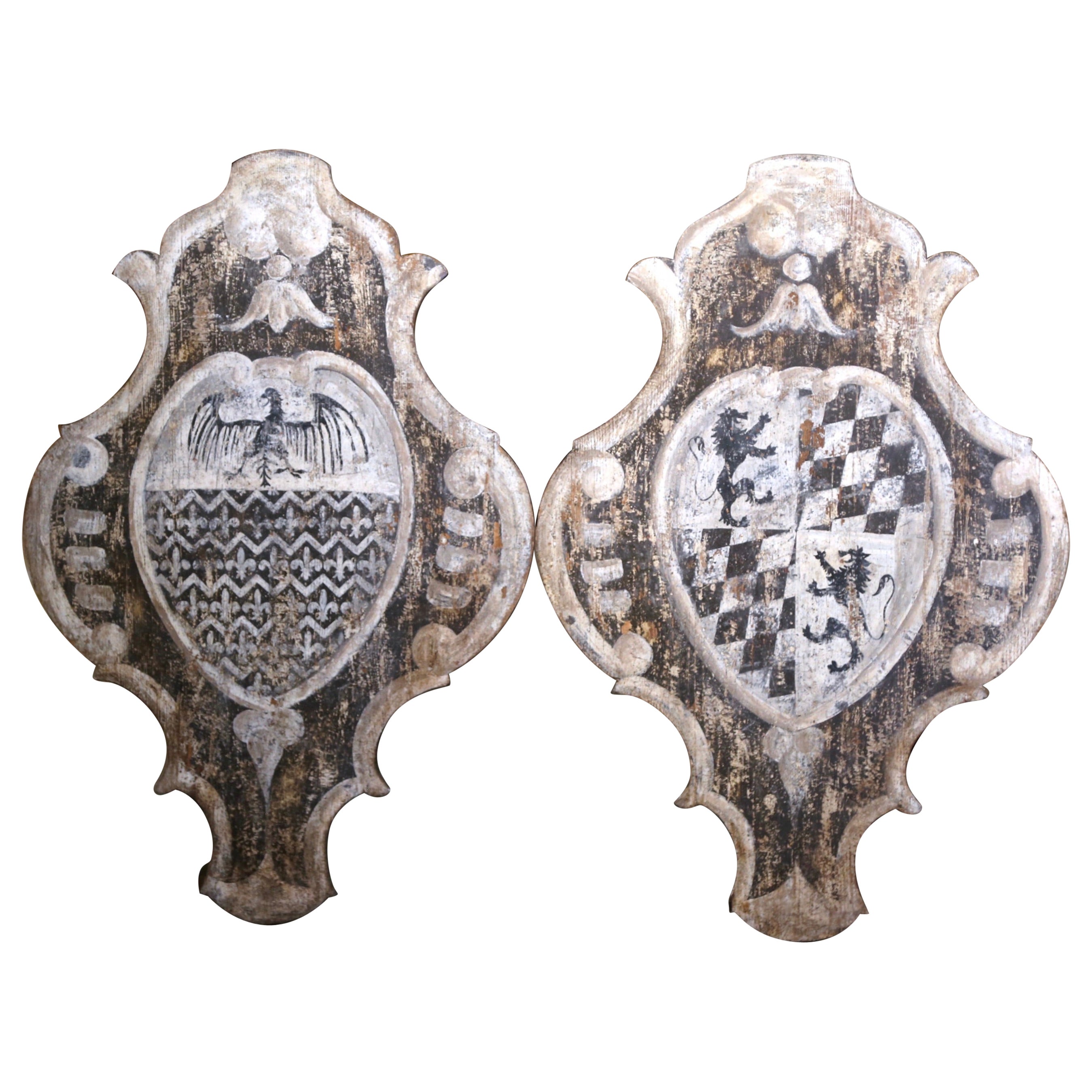 Pair of 19th Century Italian Painted Wall Hanging Shields with Family Crests