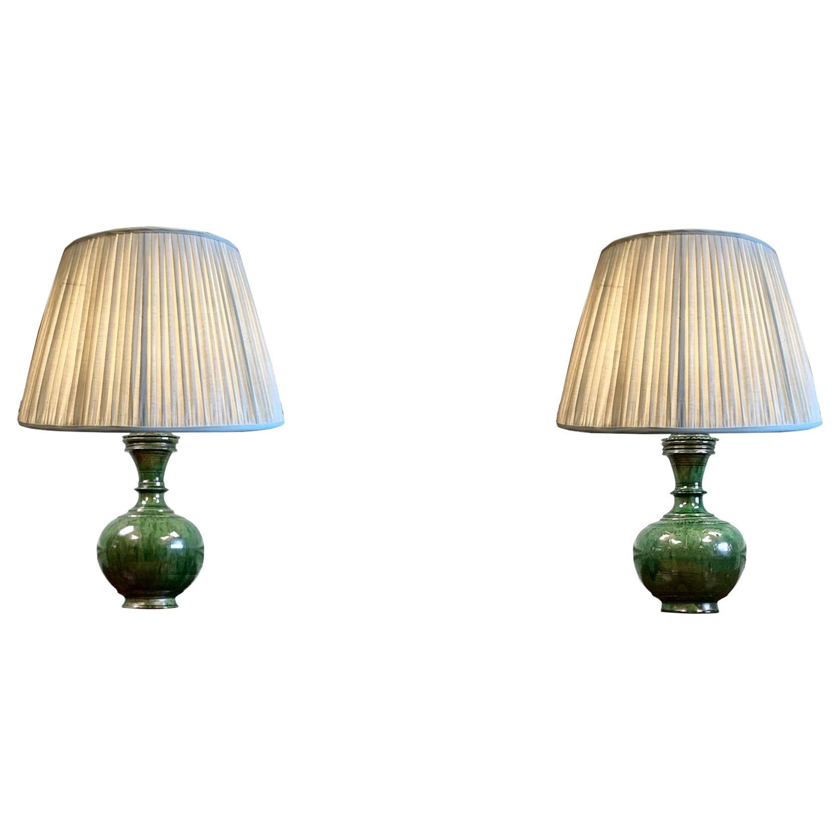 A Pair of Persian Green Glazed Vases as Lamps For Sale