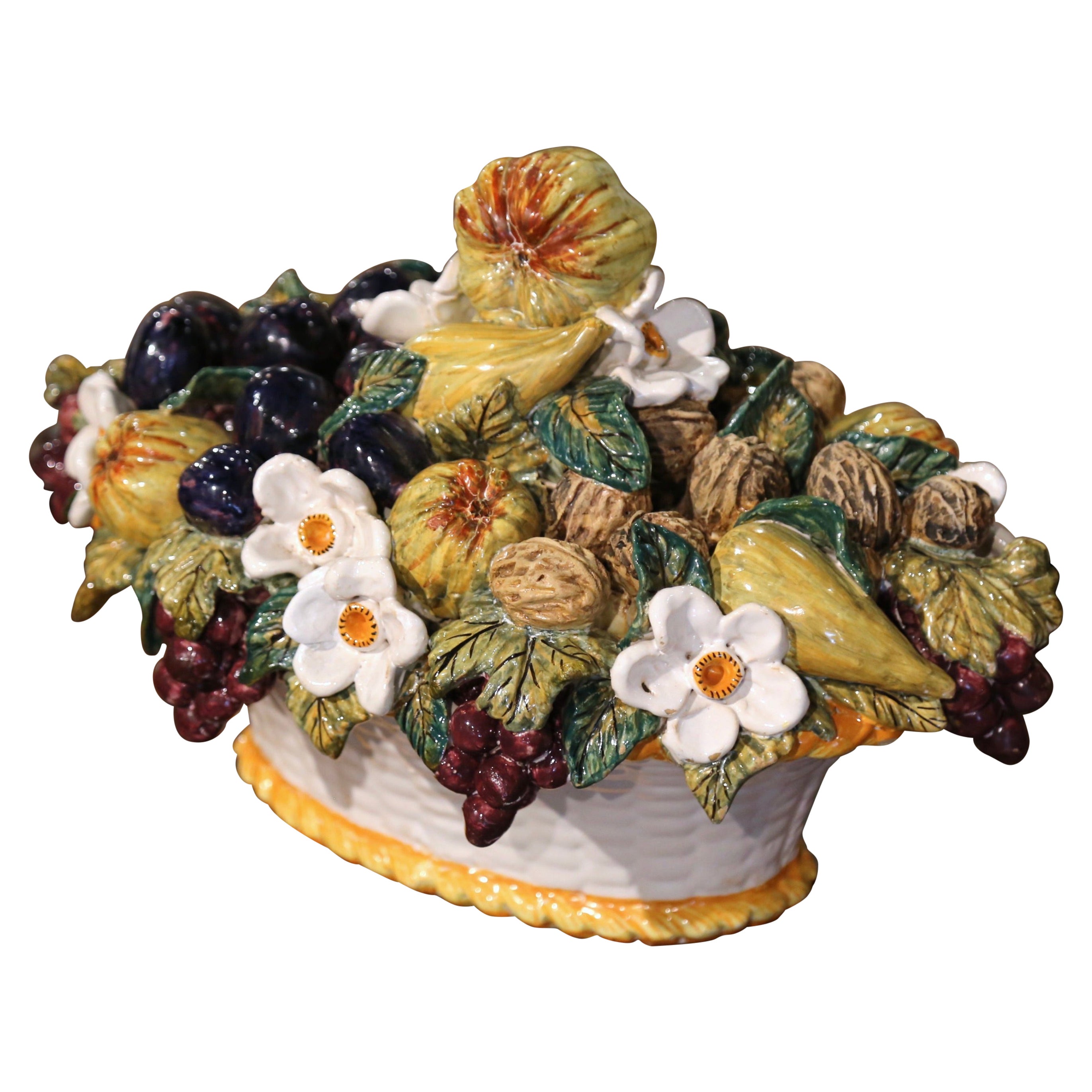 Mid-Century French Hand Painted Barbotine Ceramic Fruit Basket Centerpiece For Sale
