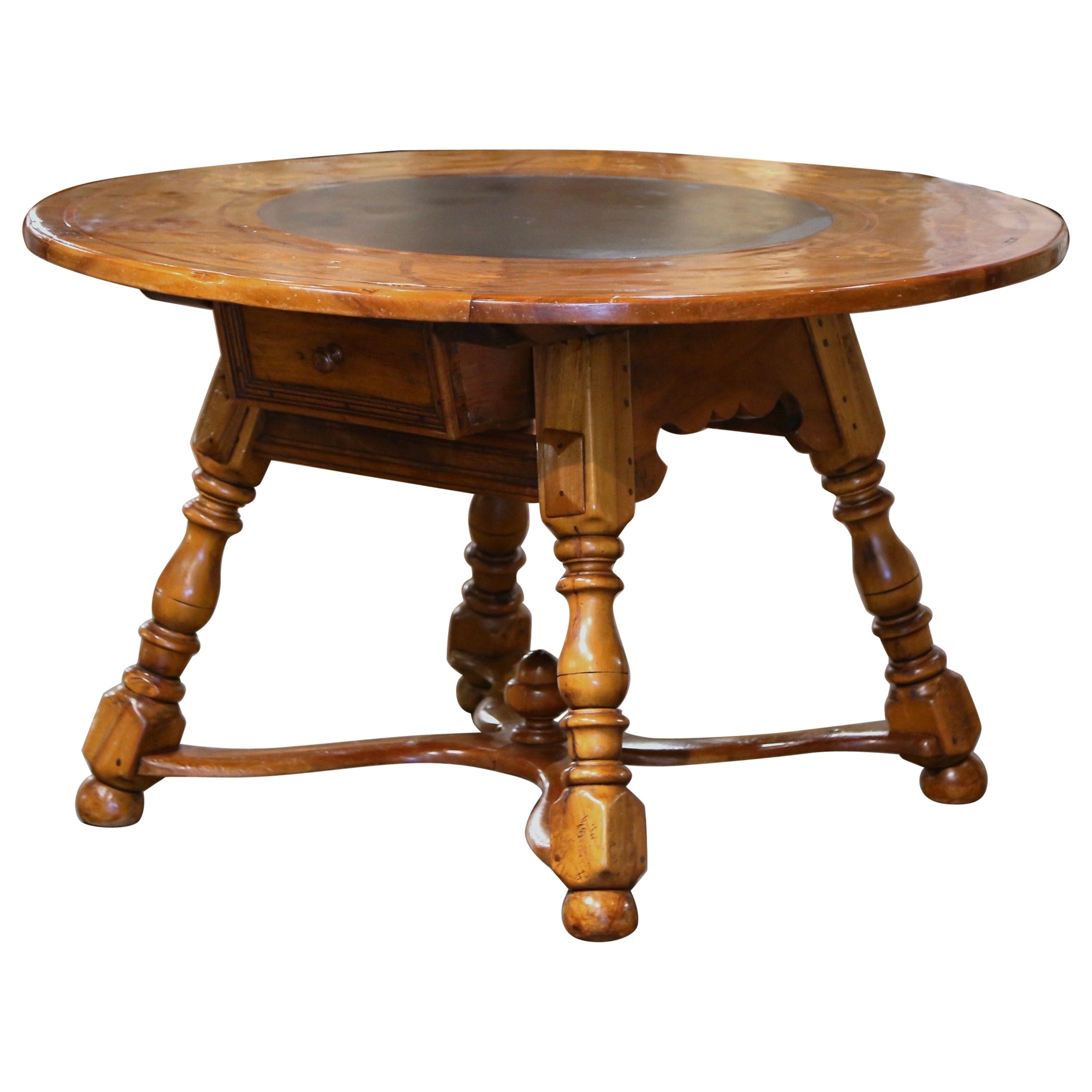 19th Century French Carved Marquetry Inlaid Walnut and Slate Round Dining Table  For Sale