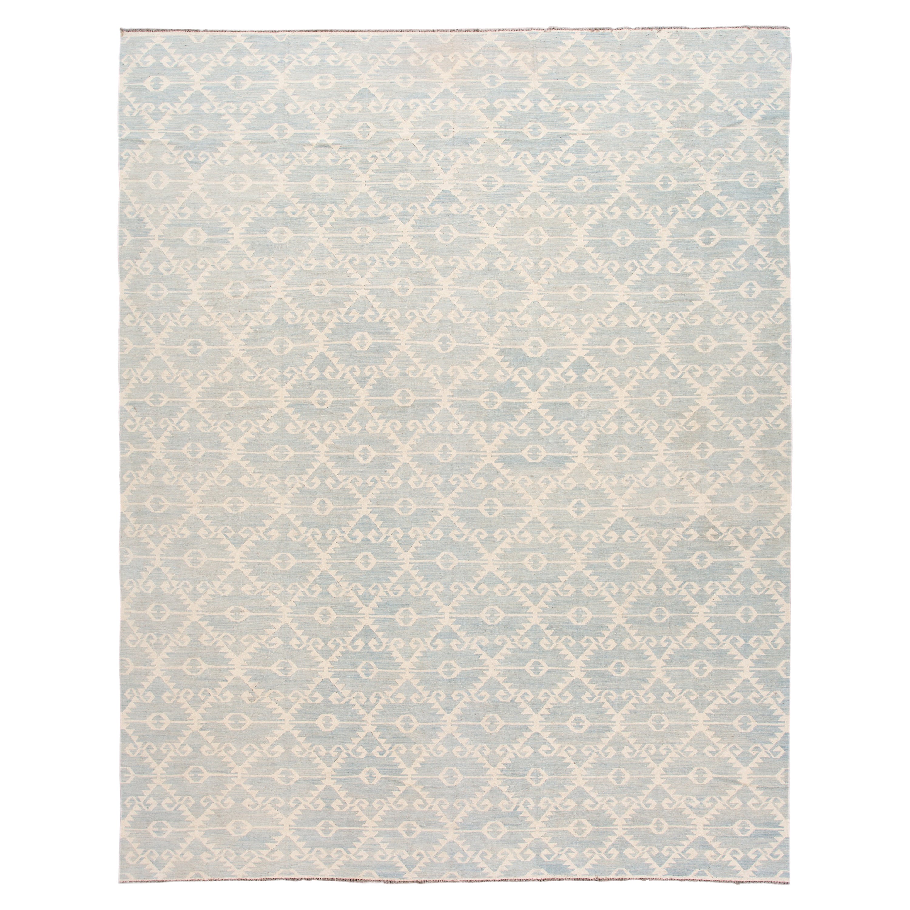 Flatweave Modern Kilim Light Blue Wool Rug with Tribal Pattern For Sale