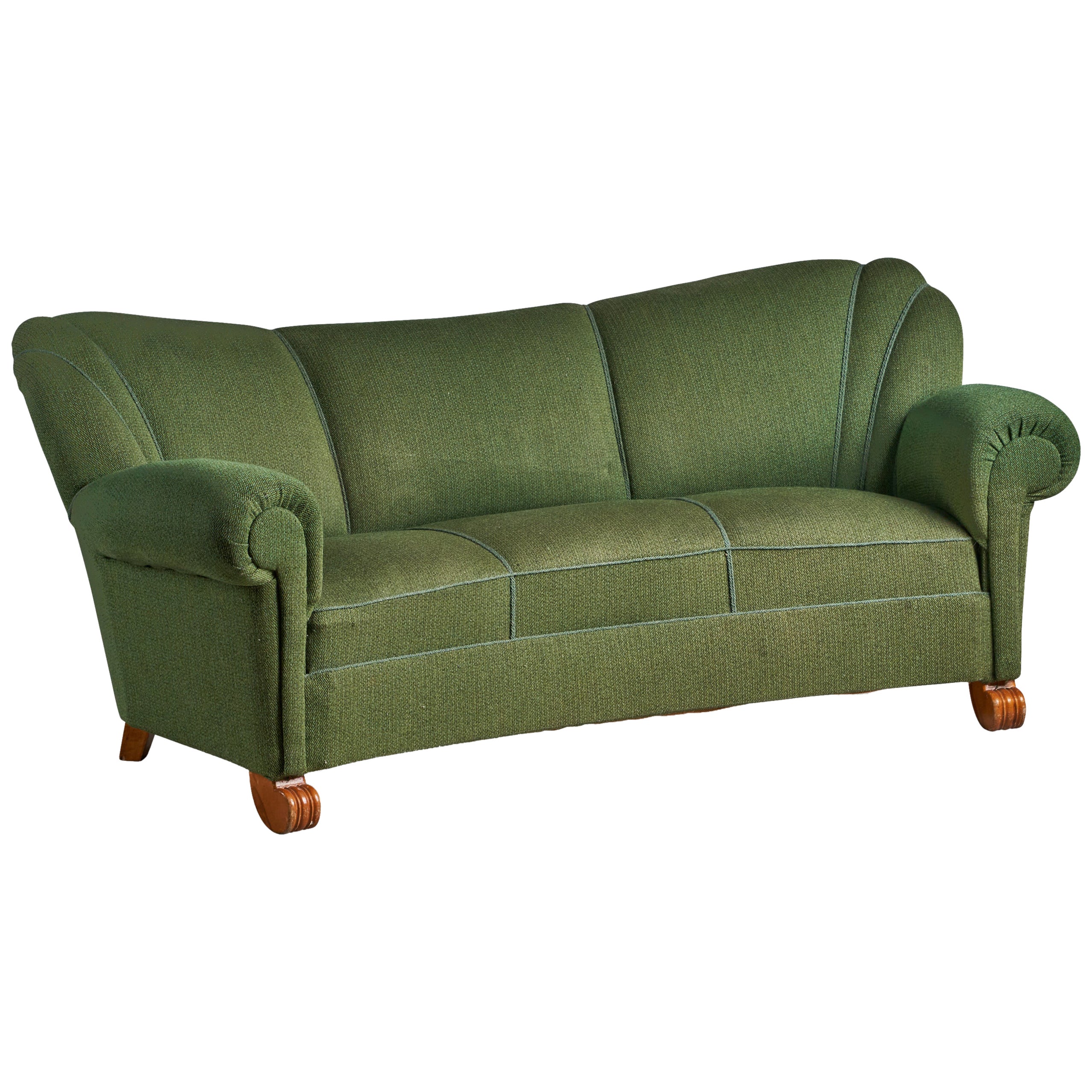 Tor Wolfenstein, Curved Sofa, Fabric, Wood, Sweden, 1940s For Sale