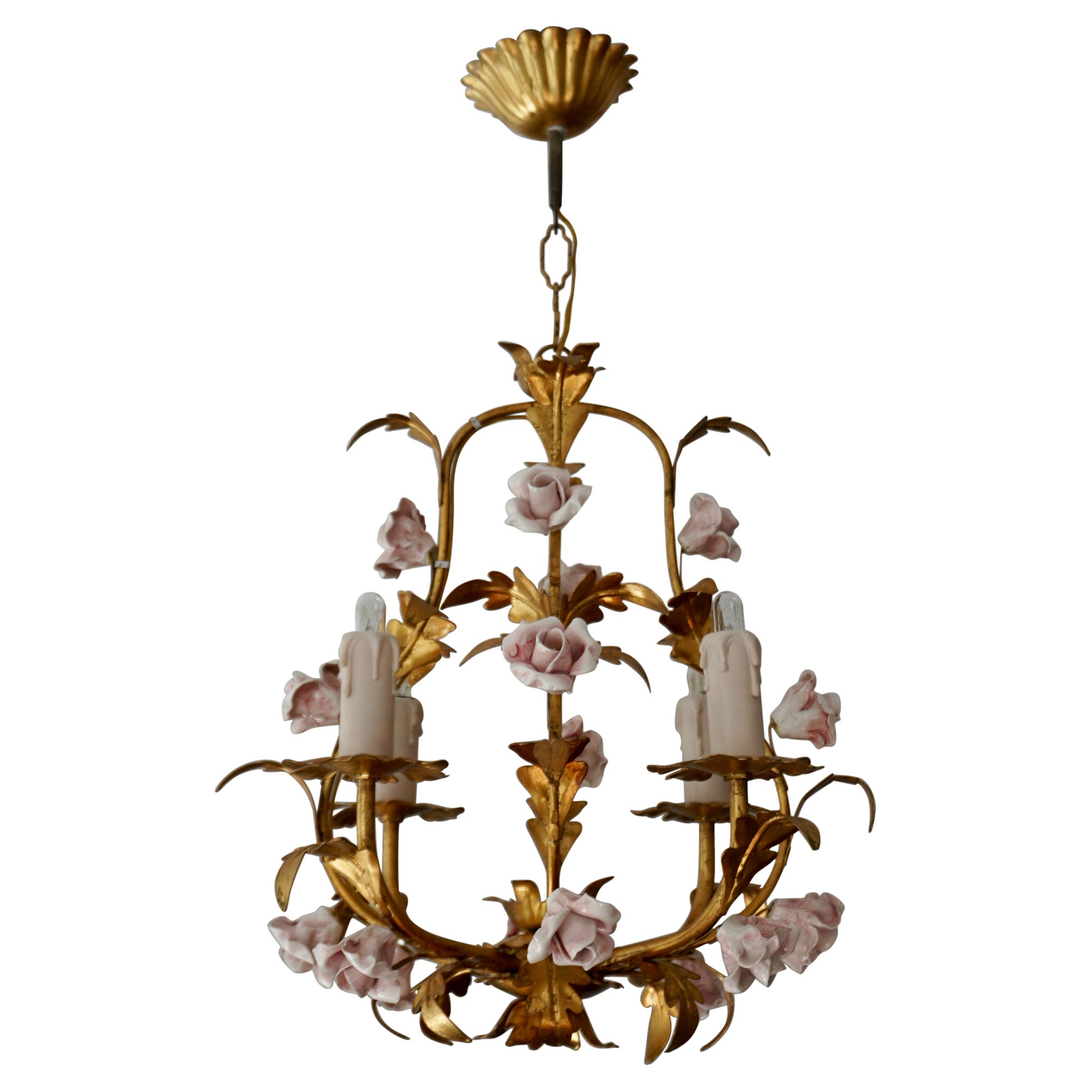 Five Italian Chandelier with Porcelain Flower Roses For Sale
