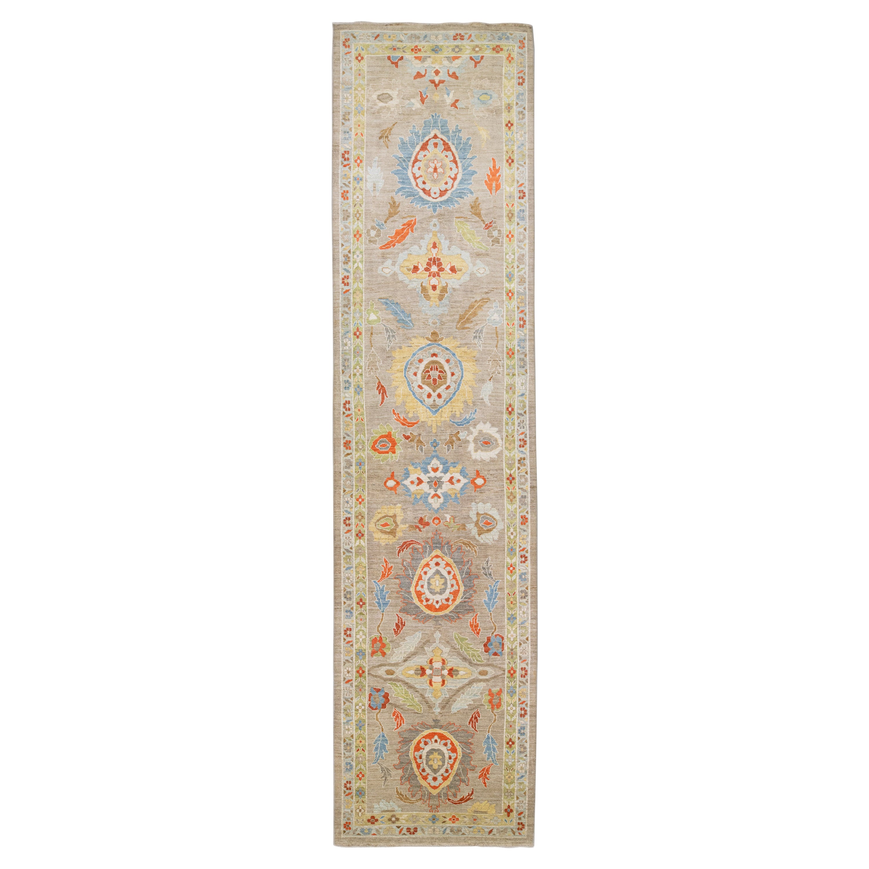Modern Sultanabad Long Wool Runner with Allover Pattern in Light Brown For Sale