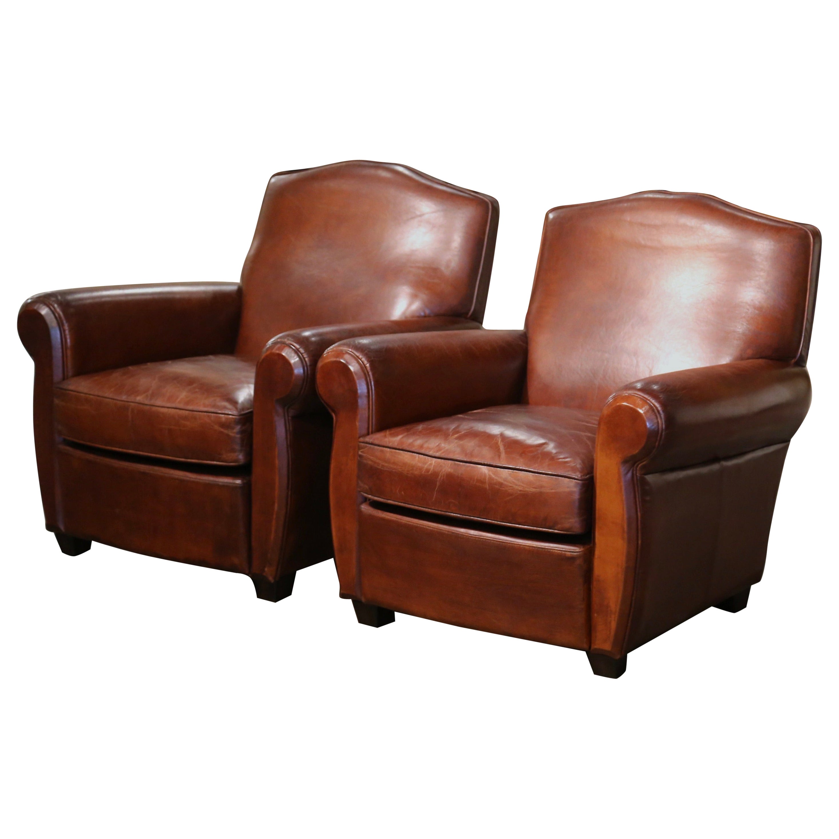 Pair of Early 20th Century French Art-Deco Brown Leather Club Armchairs