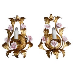 Pair Italian Tole Floral Gilt Wall Candle Sconce