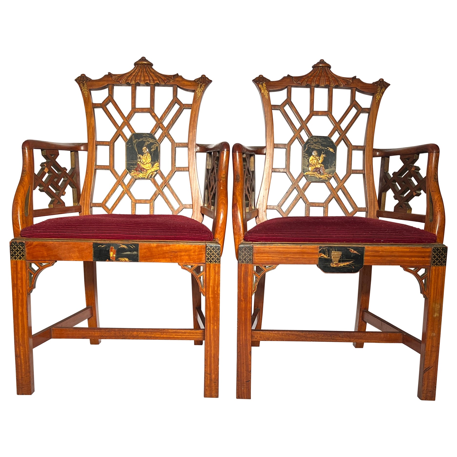 Antique Satinwood Chippendale Arm Chairs circa 1880