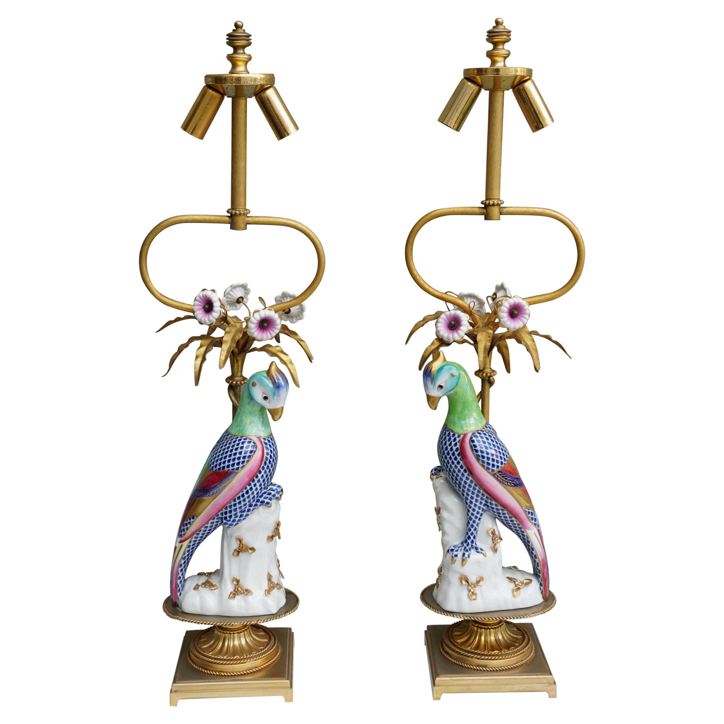 Pair of Mid Century Italian Giulia Mangani Porcelain Parrot Bird Table Lamps