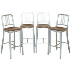 FOUR COLLECTABLE Used EMECO 111 BRUSHED ALUMINIUM COUNTER BAR STOOLS