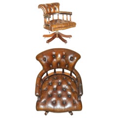 TRADICIONAL SILLÓN DE CAPITÁN ANTÍQUICO DE CUERO DE ROBLE MARRÓN CIGARRO