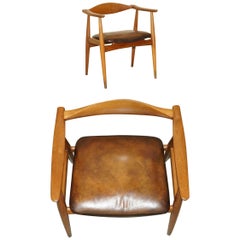 FULLY RESTORED & STAMPED 1960's HANS J WEGNER CH 35 BROWN LEATHER ARMCHAIR