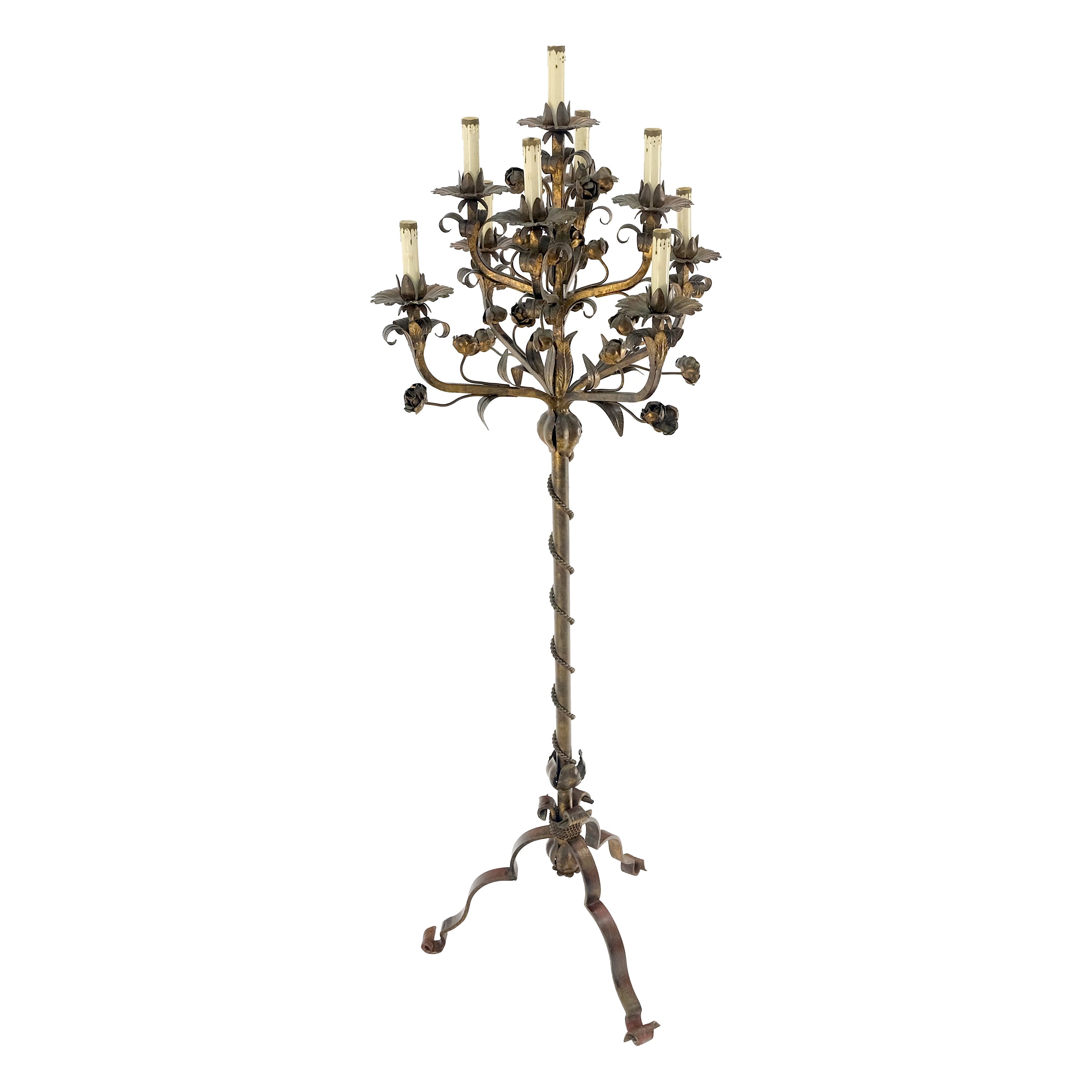Candelabra Forged Golt Gilt Metal Flowers & Leafs Motive Italian Floor Lamp NICE For Sale
