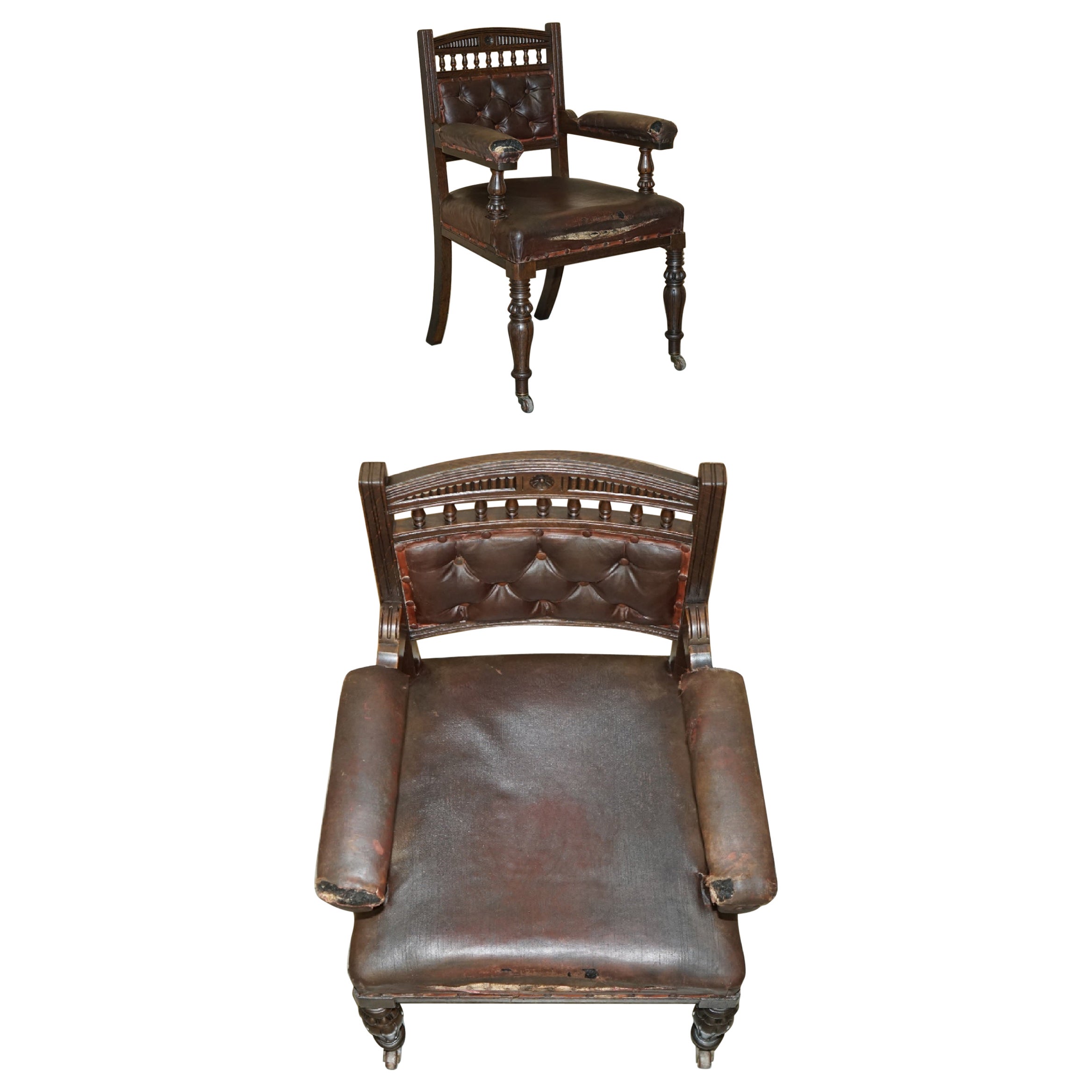 ANTiQUE VICTORIAN AESTHETIC MOVEMENT STYLE LEATHER ARMCHAIR FOR RESTORATION For Sale